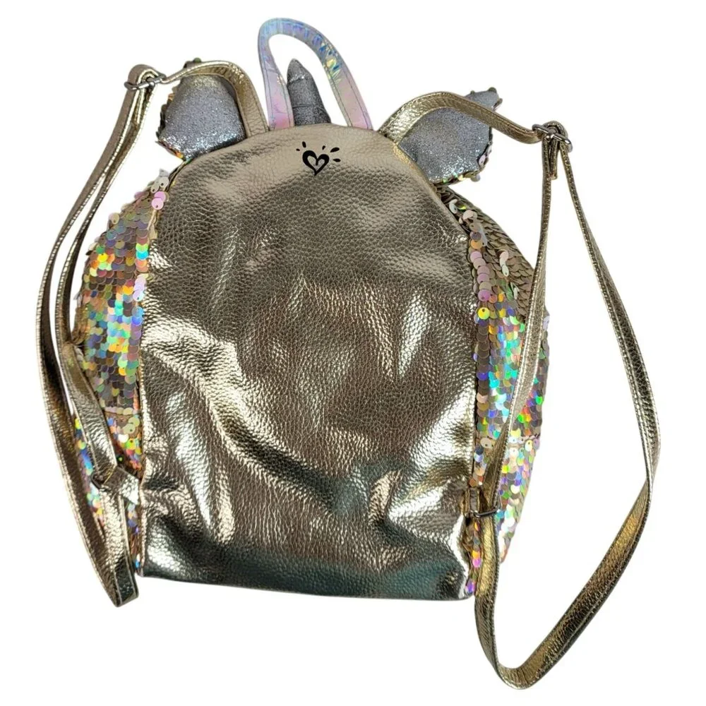 Justice Monogram E Sequin Mini Backpack Gold Unicorn Zipper Pockets Furry Adj